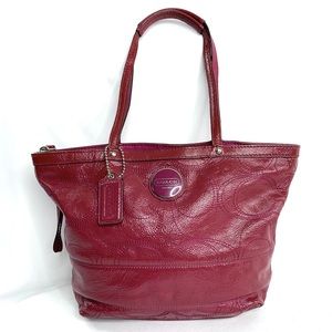 Coach F15142 Berry Pink Patent Leather Stitched C Signature Stripe Shoulder Bag